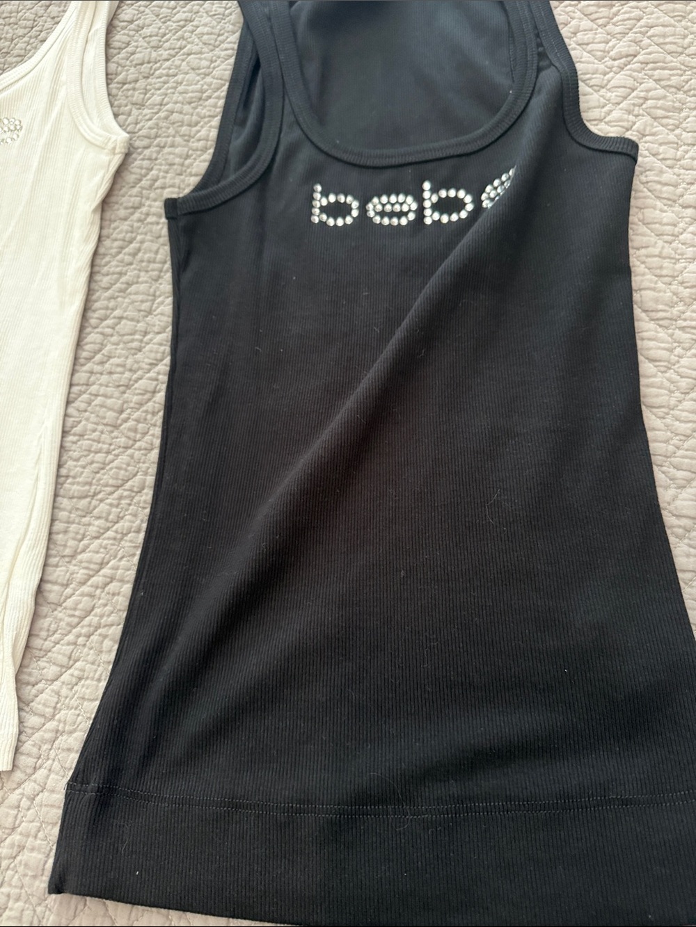 bebe Black Ribbed Tank with Crystal Logo